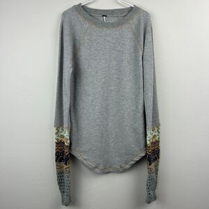 Free People Thermal Shirt Womens XS Gray In The Mix Crochet Waffle Knit Top